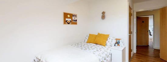 2 yellow pillows on a queen bed in a modern bedroom