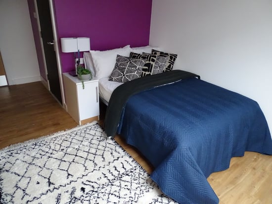 Fully furnished bedroom at Haigh Court student accommodation with a queen sized bed cover in blue duvet, a white nightstand, and a black and white rug.