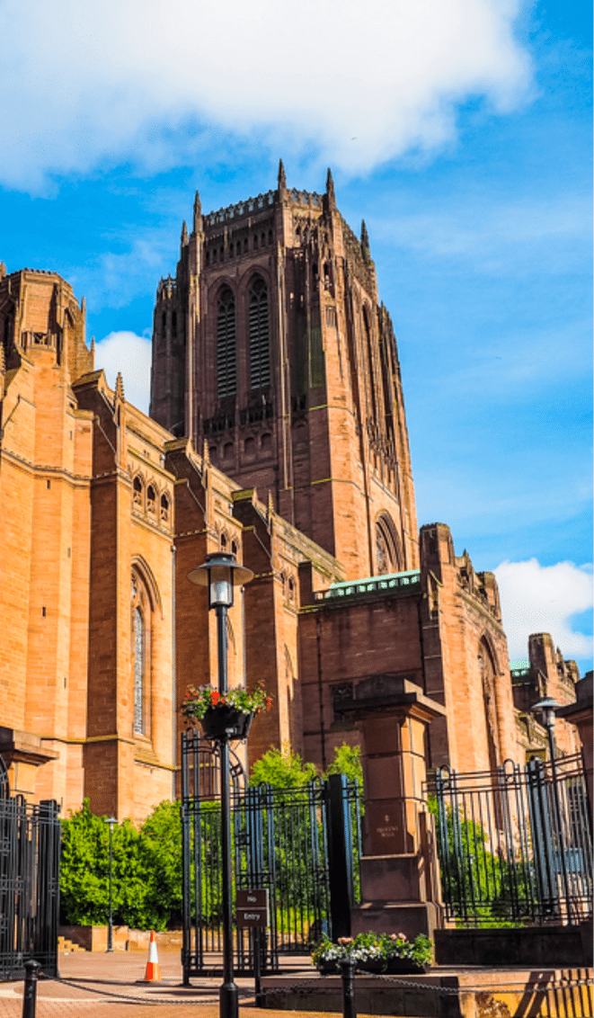 Side view of the Liverpool Cathedral on a sunny day in Liverpool